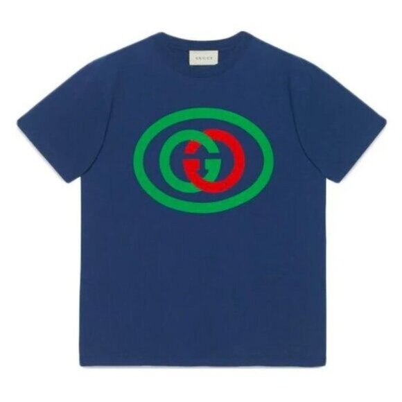 NWT Gucci Oversized Cotton Oval Interlocking GG Logo Blue T-Shirt size L - Picture 1 of 16